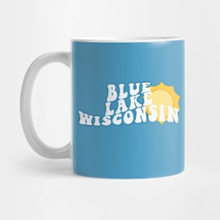 Sunshine in Blue Lake Wisconsin Retro Wavy 1970s Summer Text Mug